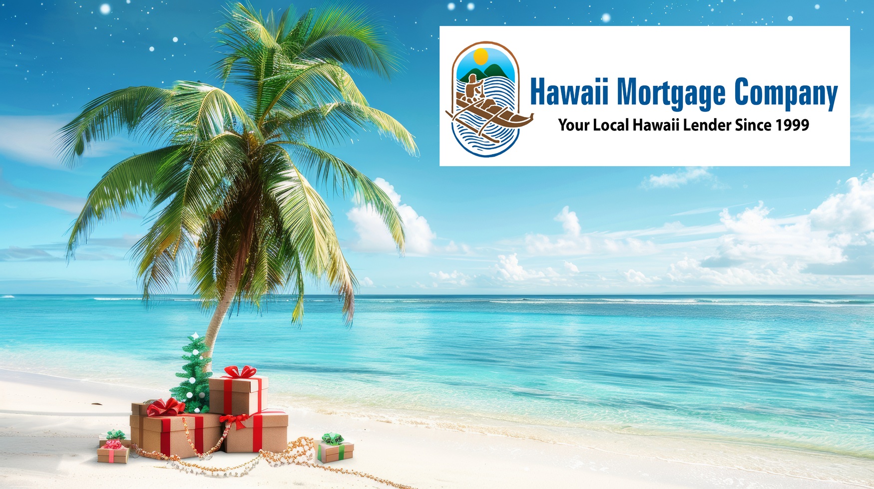 Christmas in southern hemisphere with a palm tree with christmas decorations and gift boxes on tropical beach with white sand and beautiful blue sea view and copy space