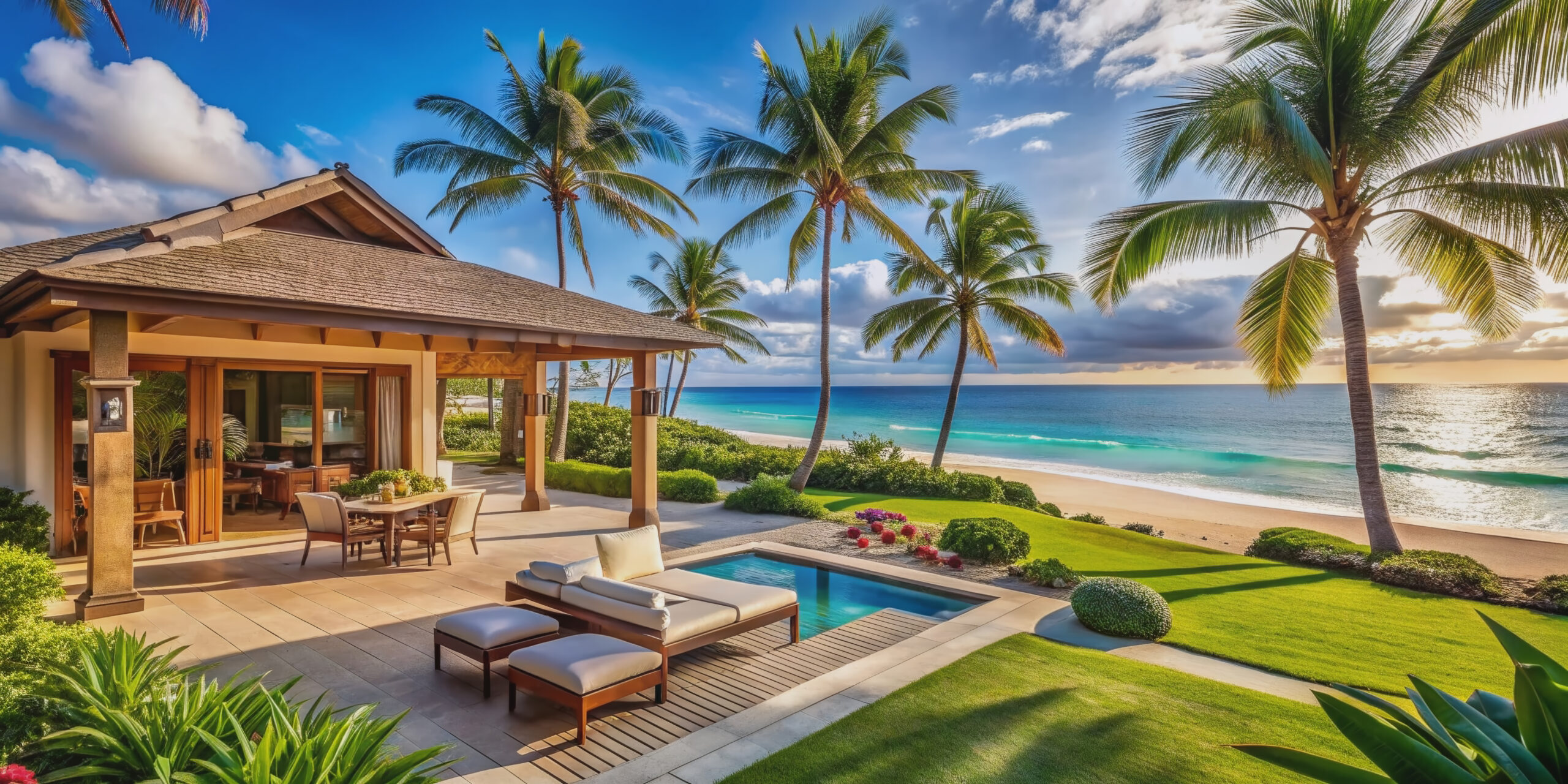 Lavish beachfront villa with private cabana and direct access to pristine white sands of picturesque tropical beach in luxurious Hawaiian coastal paradise.
